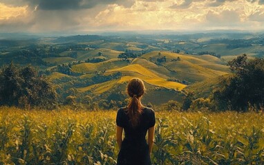 Fototapeta premium woman standing in a field of tall crops overlooking rolling golden hills under a dramatic cloudy sky, evoking calm, awe, and quiet contemplation
