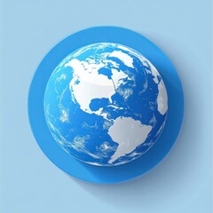 Minimal stylized blue and white globe centered on the Americas on a circular pedestal with a long shadow, evoking calm global unity and modern simplicity