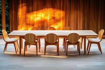 minimalist sunlit dining room with long wooden table, curved-back wooden chairs, wood-paneled wall glowing with warm light and pale floor, calm inviting atmosphere