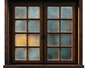 Fototapeta premium rustic double wooden window with twelve frosted blue-green and amber-patina panes, symmetrical grid and antique handles evoking a nostalgic calm cozy mood