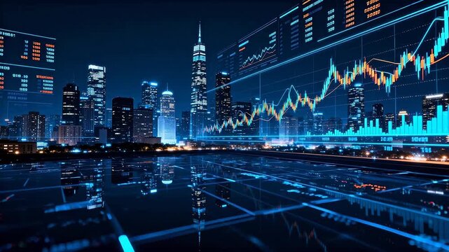 Night city skyline with financial charts