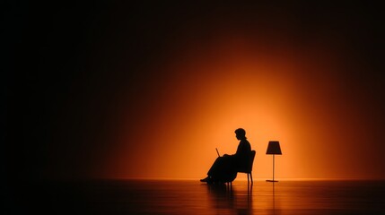 Fototapeta premium Remote work and digital lifestyle concept with young man silhouette using laptop in modern minimal interior with warm orange lighting