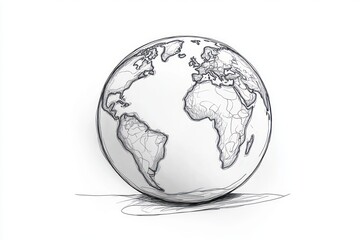 pencil sketch of a globe showing the americas, europe, and africa with sketch lines and a soft shadow on a white background, calm and contemplative mood