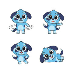 Cartoon blue dog character in various poses and emotions on white background