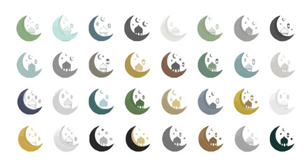Panda moon phases icon collection. Includes 32 panda bear illustrations in various colors. Created in vector style with colorful palette. © Lipi