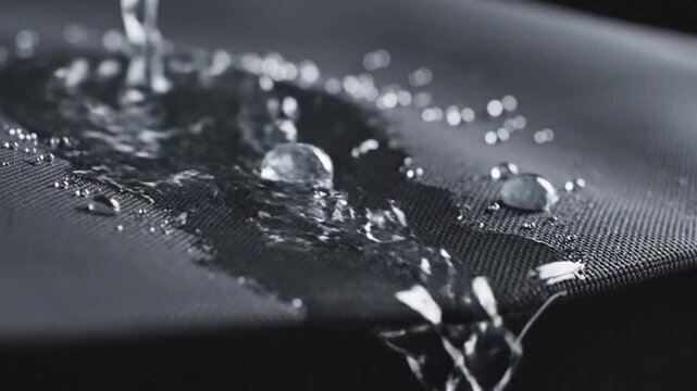 Water stream splashes and repels off a dark waterproof fabric surface