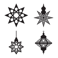 A collection of four black silhouettes featuring intricate islamic geometric star and lantern patterns
