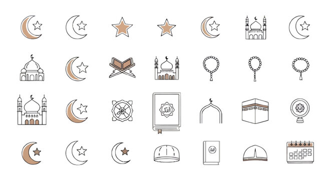 Vector icons of Ramadan symbols and mosque architecture isolated on transparent background