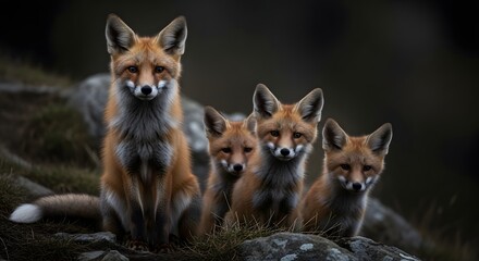 Fototapeta premium Family of red foxes on a rock