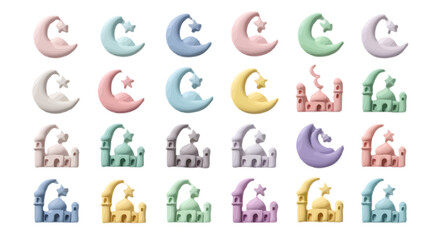 Collection of colorful crescent moon and castle vector icons, isolated on transparent background © Lipi