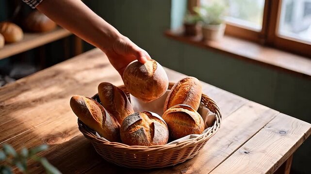 Basket of bread on wooden table