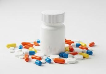 White container stands surrounded by various colorful pharmaceutical pills and capsules on a bright surface