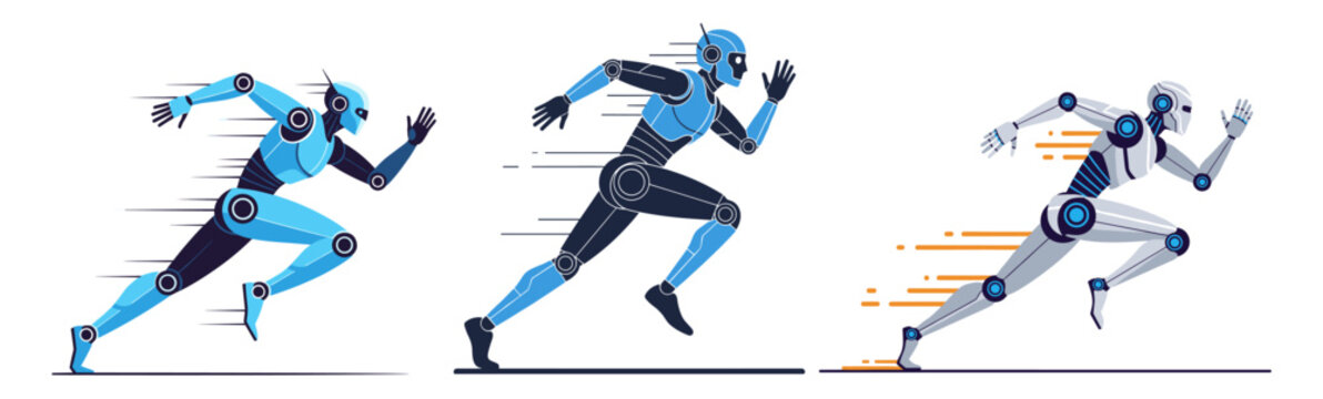 A dynamic trio of futuristic humanoid robots in various shades of blue and white, depicted mid-sprint with motion blur, symbolizing speed, innovation, and artificial intelligence.