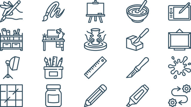 Curated collection of creative icons representing diverse art, design, and craft tools for various artistic endeavors