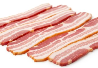Obraz premium Several uncooked strips of cured pork belly laid out diagonally on a white surface