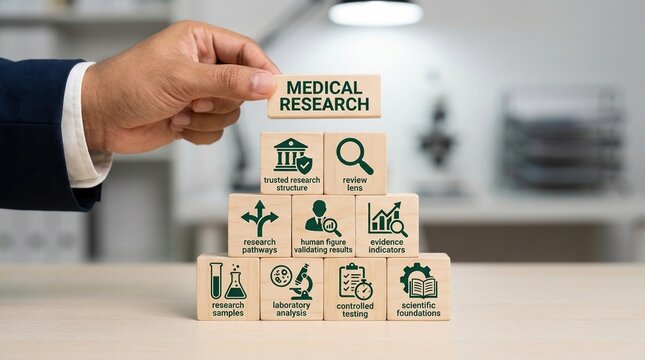 medical research, laboratory analysis, scientific foundations, controlled testing, clinical study, healthcare development, evidence based medicine concept using wooden blocks.