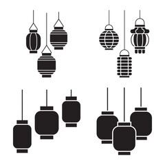 A set of black and white vector icons illustrating various hanging asian paper lanterns in outline and solid silhouette styles.