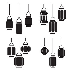A collection of black silhouette icons representing different styles of hanging lanterns and lamps, suitable for decoration and design