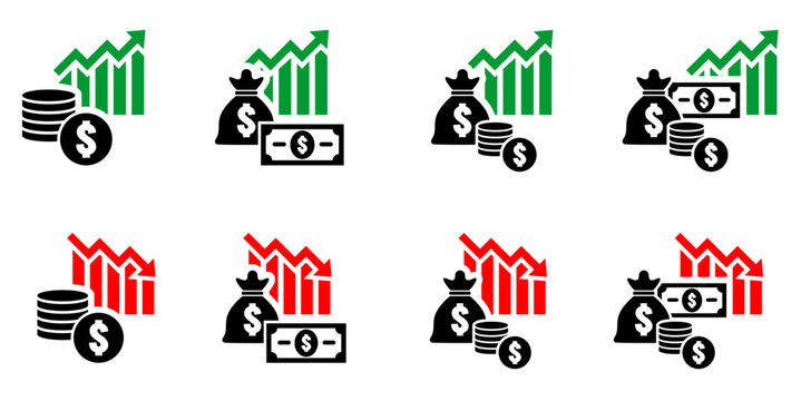 Set money increase and decrease icon vector for profit trends. Symbolizes gain vs loss and fluctuating value. Ideal for stock market analysis.