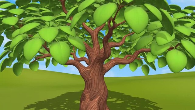 A cartoon-style illustration of a tree with lush green leaves and a brown trunk, under a blue sky