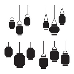 A collection of black silhouettes depicting various modern hanging pendant lamps and lanterns for interior design