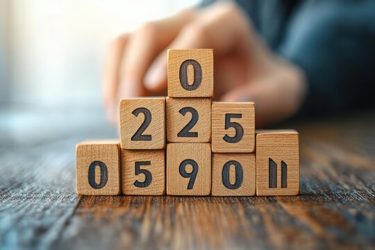 Hand placing wooden number blocks into a small pyramid on a rustic table, evoking focus, careful planning and balance