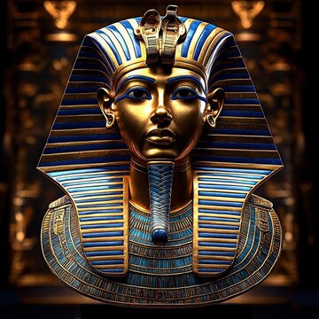 ornate gold and blue ancient egyptian pharaoh funerary mask with cobra headdress and broad collar, radiating solemn regal grandeur