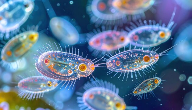 Microscopic Paramecia with Cilia Swimming in Aquatic Environment, Detailed Biological Illustration