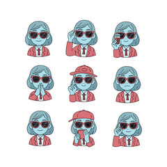 Cartoon businesswoman with various gestures and expressions wearing sunglasses