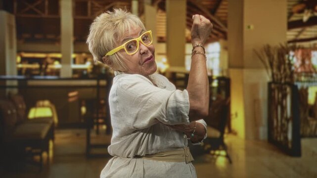 Senior hispanic woman flexes forearm, holds elbow and wears yellow glasses and beaded bracelets in hotel lobby; confidence.