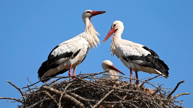 Three white storks with black wing markings in a nest made of twigs and branches. Clear blue sky