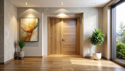 Fototapeta premium Modern Wooden Entryway with Recessed Doors and Contemporary Art Piece