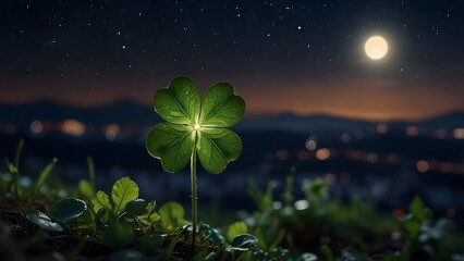 Macro Photo of Green Leaves Glowing Under a Starry Night Sky and Full Moon