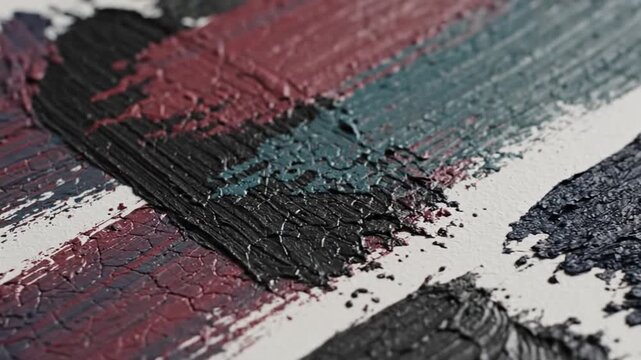 Close-up of textured paint strokes in various colors with a white backdrop, diagonal layout