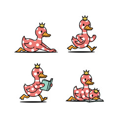 Pink cartoon duck with crown running in different poses on white background