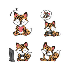 Cute cartoon leopard sleeping and relaxing in different poses with heart and computer