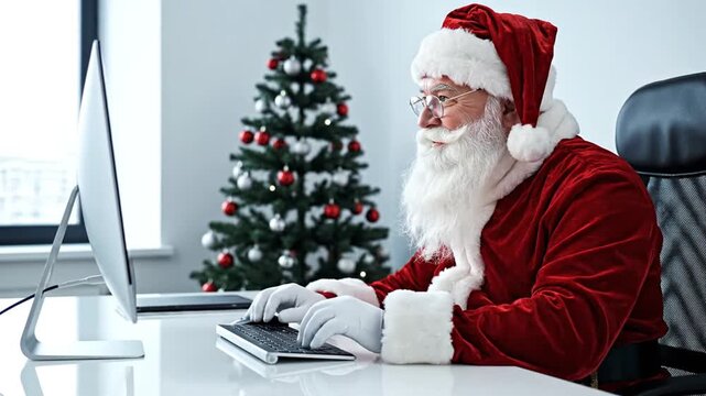 A festive man in red suit and cap types on a keyboard near a decorated tree and a computer