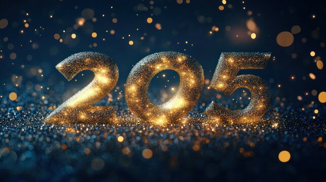 golden glitter numbers 205 glowing on a dark blue glittery surface with warm sparkling bokeh, festive and celebratory atmosphere