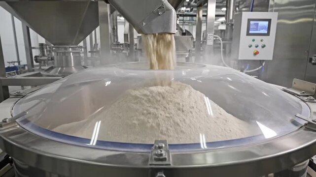 Automated machine pours white powder into a large vat in a modern factory.