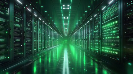 Fototapeta premium Futuristic server room corridor with glowing green racks and reflective floor conveying high-tech precision and sterile, immersive atmosphere