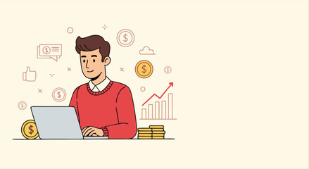 Online business concept with laptop and money illustration
