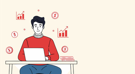 Freelancer working on laptop with finance symbols illustration
