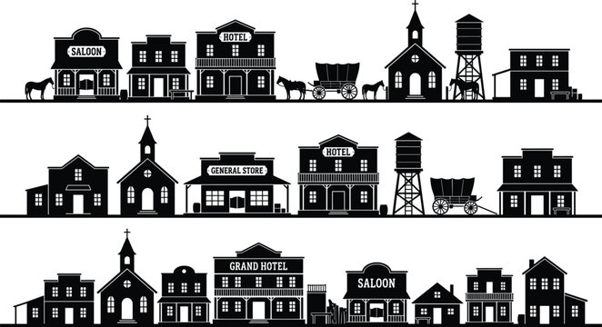 Wild West Town Silhouette Vector Set Featuring Saloon, Hotel, Church, General Store and Water Tower in Classic Western Frontier Landscape Illustration Design