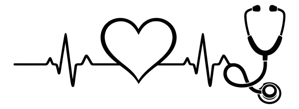 Line art illustration of a heart rate monitor line with a heart and stethoscope depicting healthy cardiac rhythm for medical and healthcare concepts