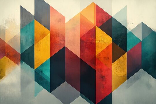 Layered colorful geometric composition of overlapping triangles and parallelograms forming abstract peaks with a textured vintage finish and energetic modern mood