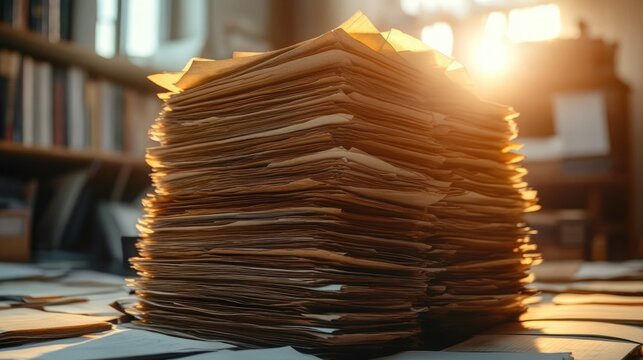 Towering stack of paper documents and scattered sheets on a desk bathed in warm sunlight with blurred bookshelves in the background, evoking overwhelm and quiet nostalgia