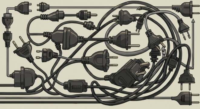 Cartoon illustration of tangled black electrical cords and plugs on a beige background