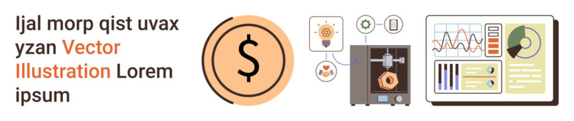 Obraz premium 3D printing, financial management, data visualization, technology innovation, business tools, industrial design. Circular money symbol, 3D printer and analytics dashboard. 3D printing and financial
