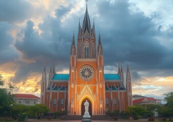 Fototapeta premium majestic red brick gothic cathedral with tall spires, rose window and front statue under a dramatic stormy sunset sky, glowing arched entrance and serene evening atmosphere