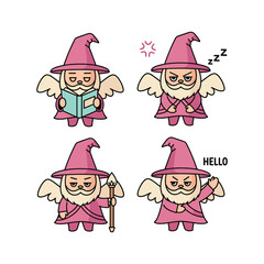 Cartoon wizard character set with different actions and expressions in a minimalist style